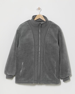 Charcoal Funnel Neck Lined Longline Borg Jacket