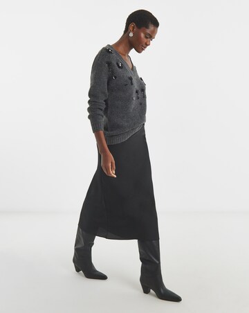 Grey V Neck Embellished Jumper