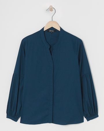 Womens Cotton Poplin Collarless Button Through Blouse - Navy