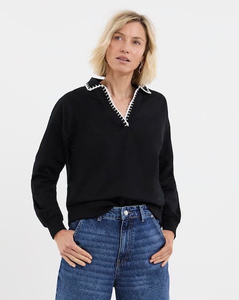 Black And White Contrast Stitch Collared Sweatshirt