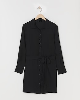 Black Tie Waist Long Sleeve Skater Shirt Dress