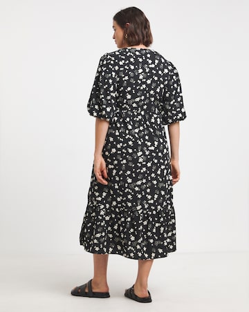 Ditsy Print Puff Sleeve Wrap Midi Dress