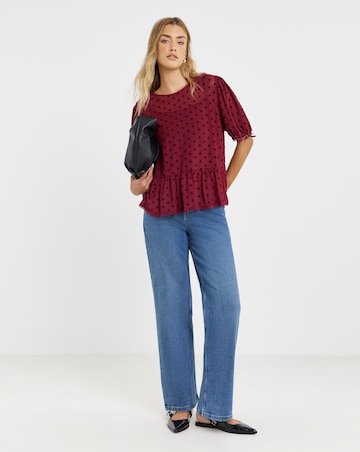 Burgundy Dobby Mesh Polka Dot Puff Sleeve Top