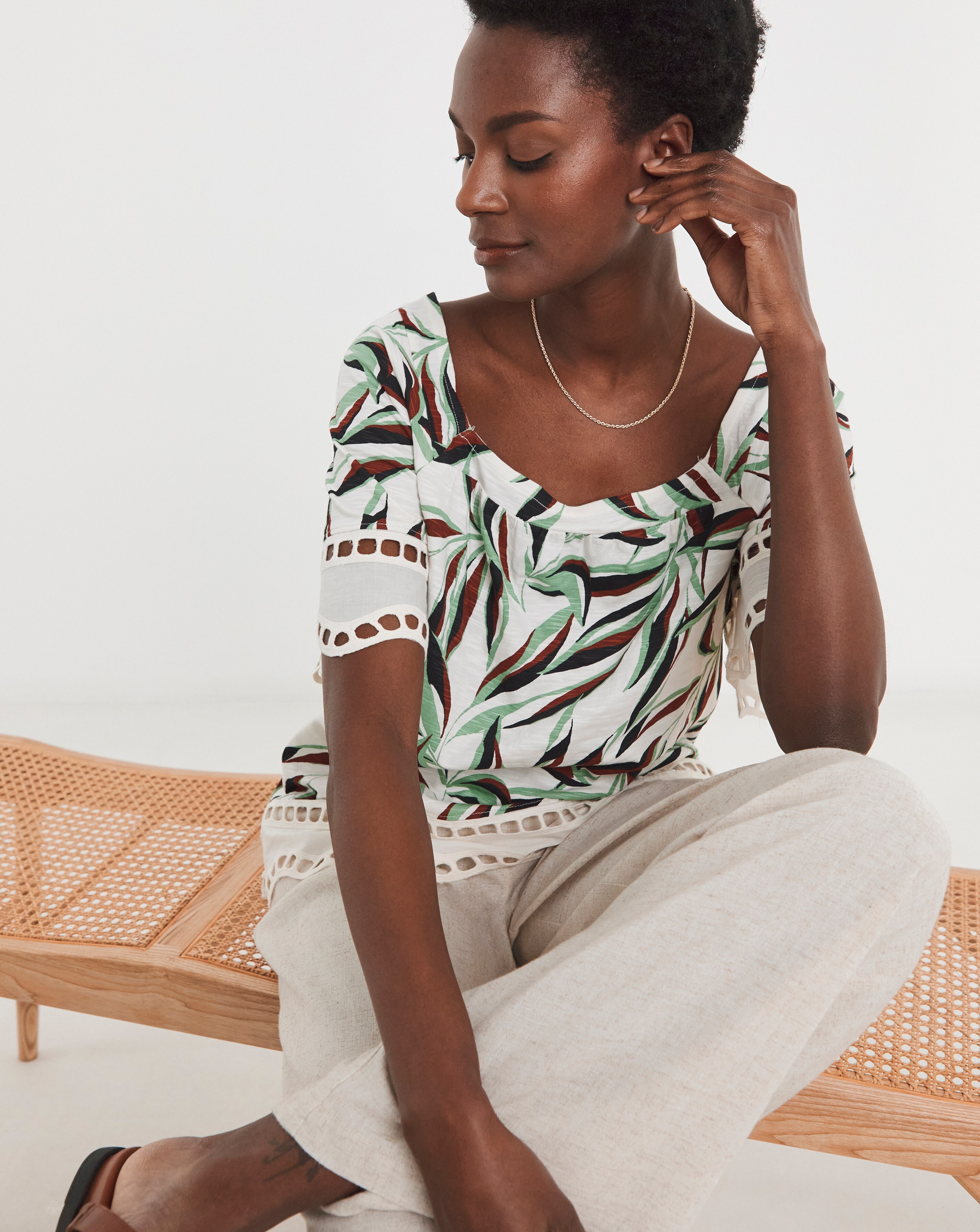 Pure Cotton Square Neck Broderie Sleeve and Hem Top