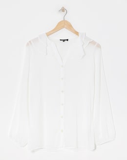 Womens Chiffon Frill Neck Long Sleeve Blouse - Ivory