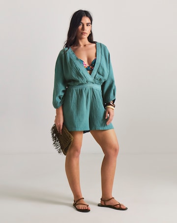 Shirred Detail Long Sleeve Plunge Beach Playsuit