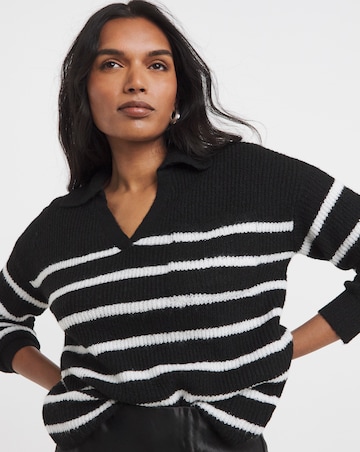 Cosy Yarn Black & Ivory Stripe V-Neck Collared Jumper