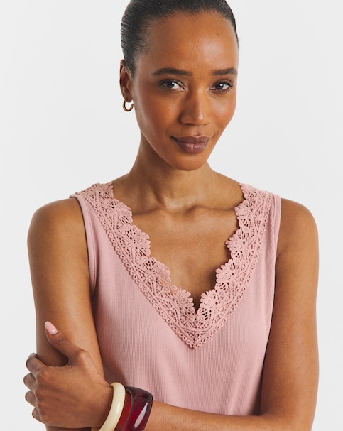 Pink V-Neck Lace Trim Vest