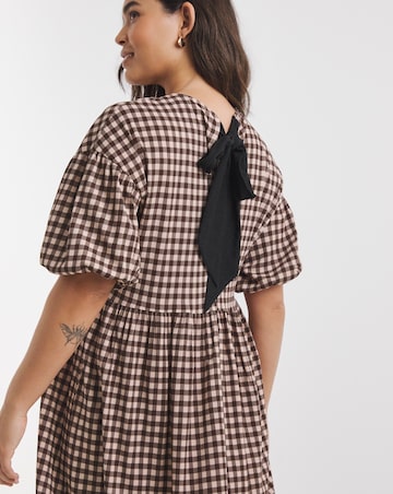 Simply Be Brown Gingham Waffle Bow Back Midi Dress