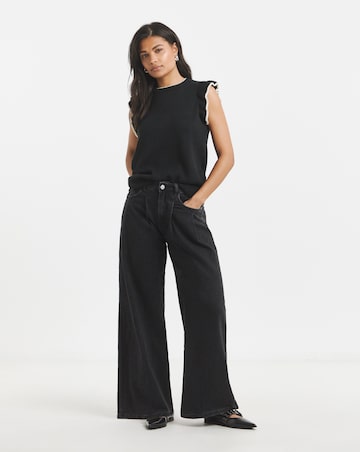 Washed Black Double Pleat Detail Wide Leg Jeans