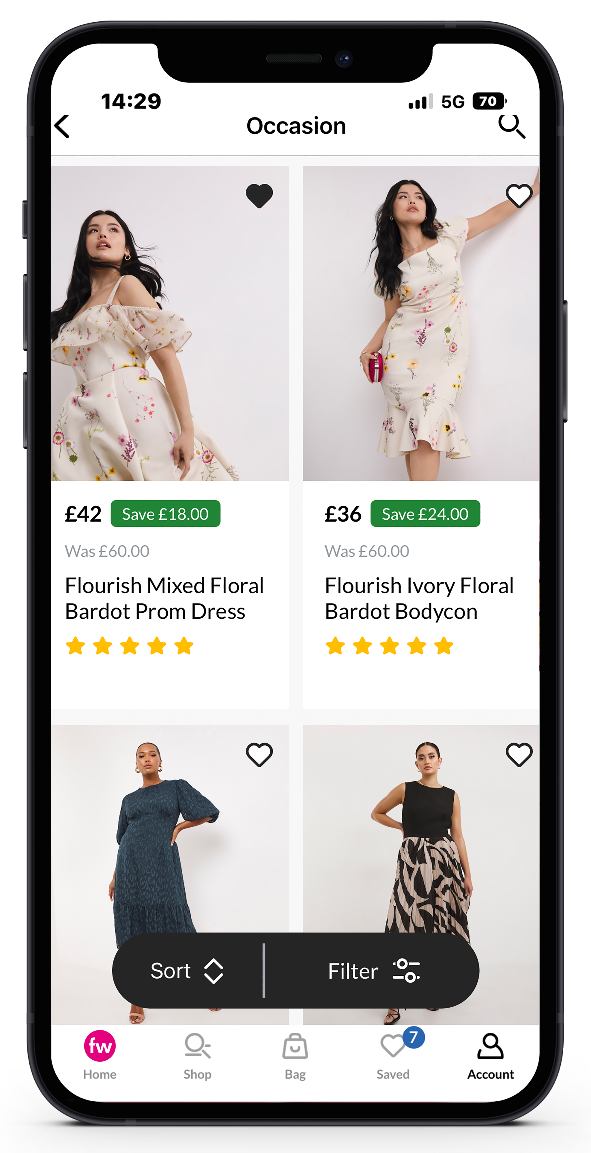 A mobile with a product listing screen
