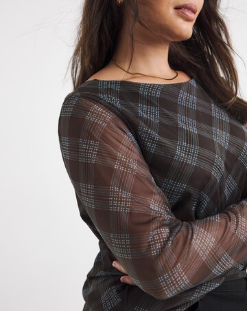 Burgundy & Pink Check Print Mesh Scoop Back Top