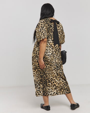 Leopard Print Bow Detail Waffle Midi Dress