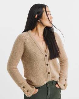 Camel Frill Sleeve Fluffy Yarn Cardigan