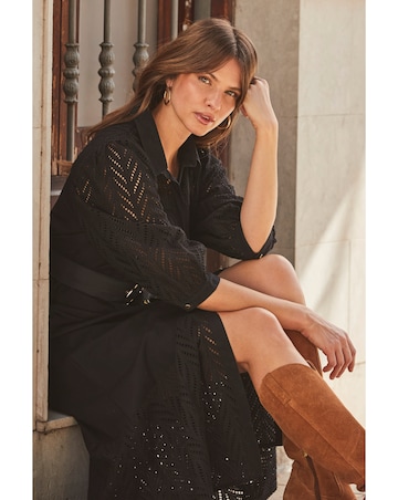 Sosandar Black Broderie Detail Midi Shirt Dress