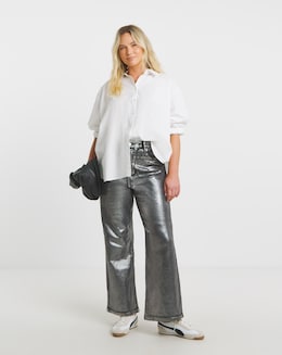 Black Metallic Wide Leg Jeans