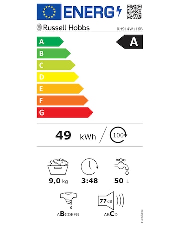 Russell Hobbs RH914W116B, 9kg, 1400rpm, Washing Machine - Black