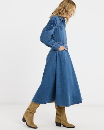 Blue Embroidered Denim Midi Dress
