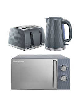 Russell Hobbs Grey Honeycomb Bundle - Kettle, 4 Slice Toaster &amp; Microwave