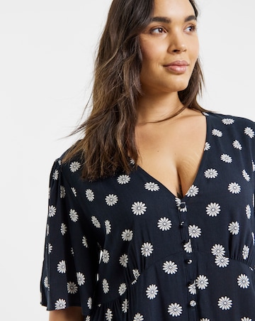Black Ditsy Print Spun Viscose Button Up Midi Dress