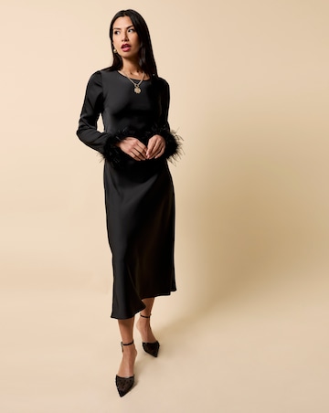 Little Mistress Black Satin Feather Trim Sleeve Midaxi Dress