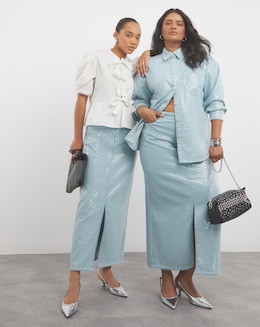 Light Wash Clear Sequin Maxi Skirt