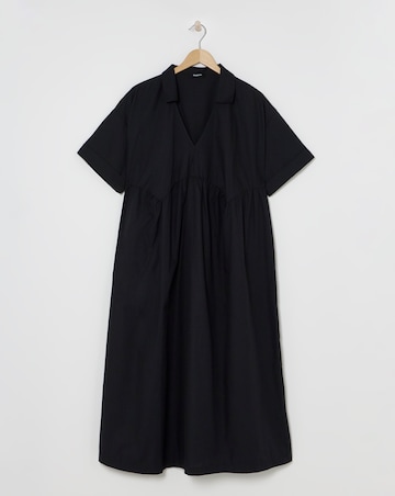 Black Cotton Collared Midi Dress With Pockets