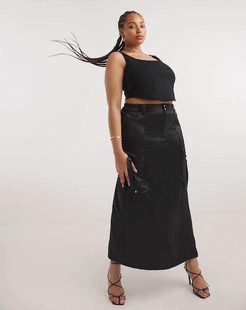 Black Satin Cargo Midaxi Skirt