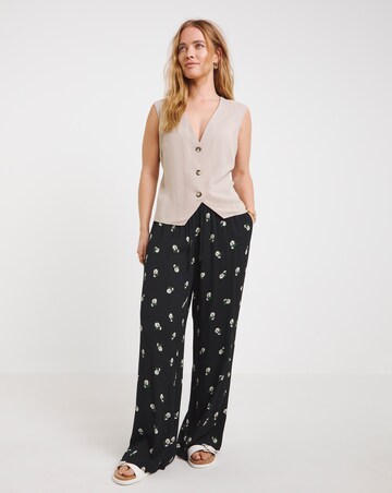 Black Daisy Print Crinkle Wide Leg Trousers