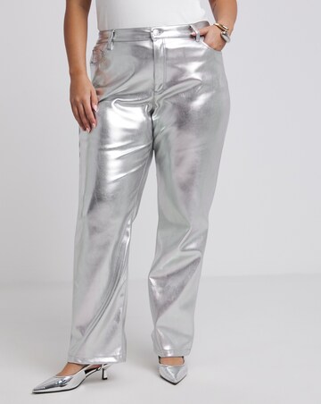 Silver Metallic PU Straight Leg Trousers