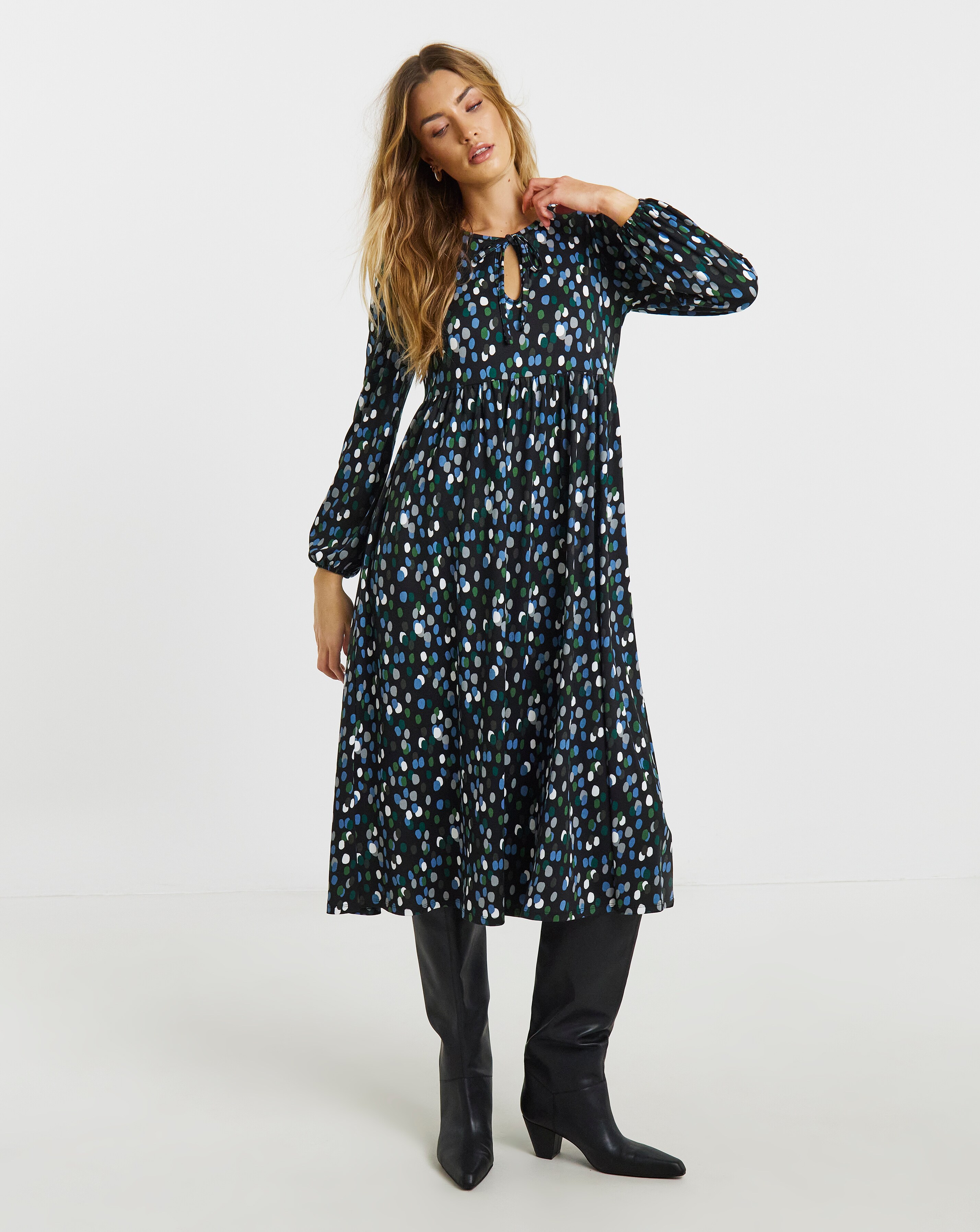 Spot Print Supersoft Tie Neck Midi Dress