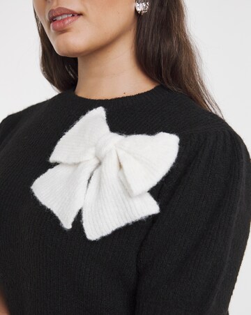 Simply Snug Black/Ivory Puff Sleeve Bow Applique Knitted Top