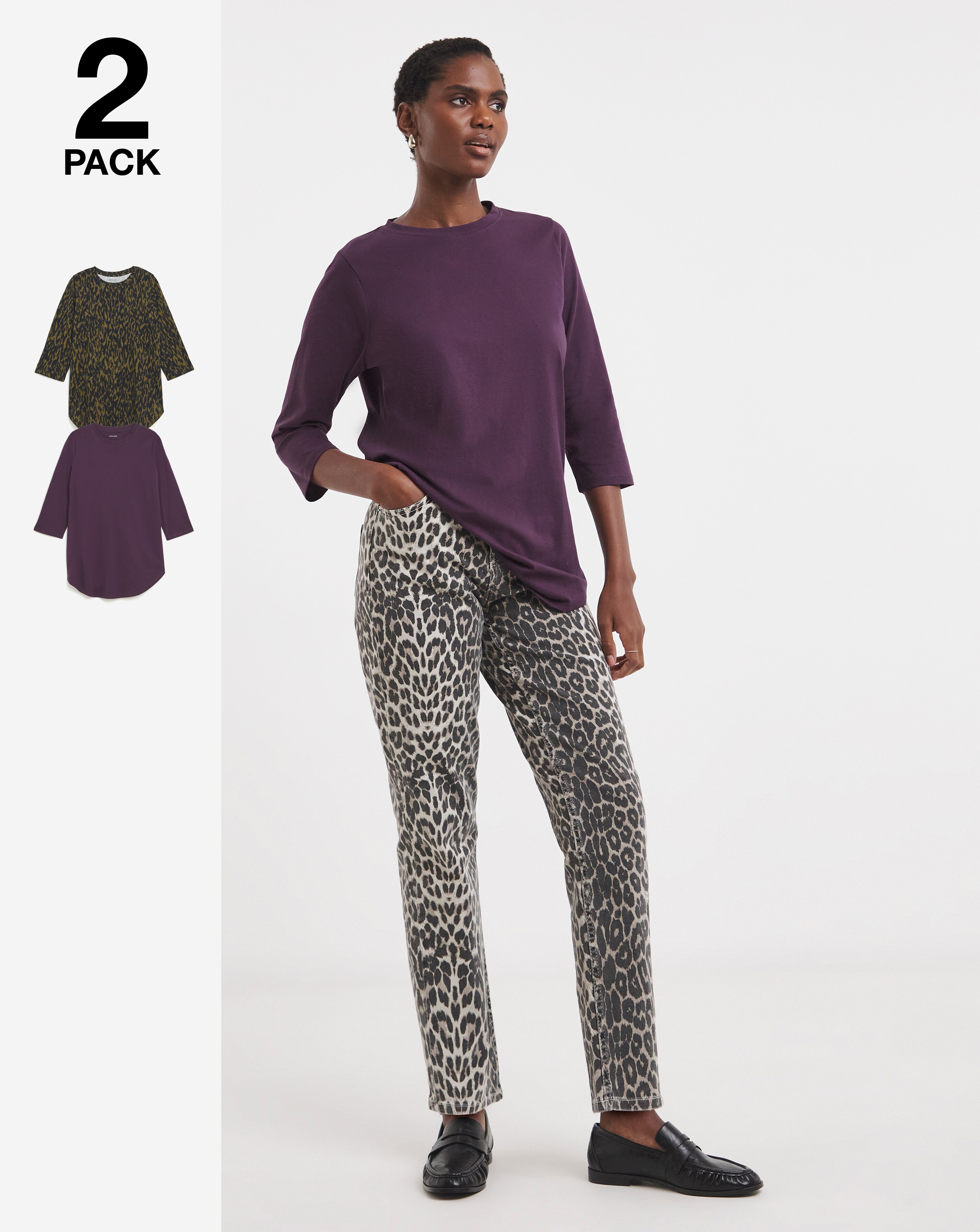 2 Pack Longline Curved Hem 3/4 Sleeve T-shirts