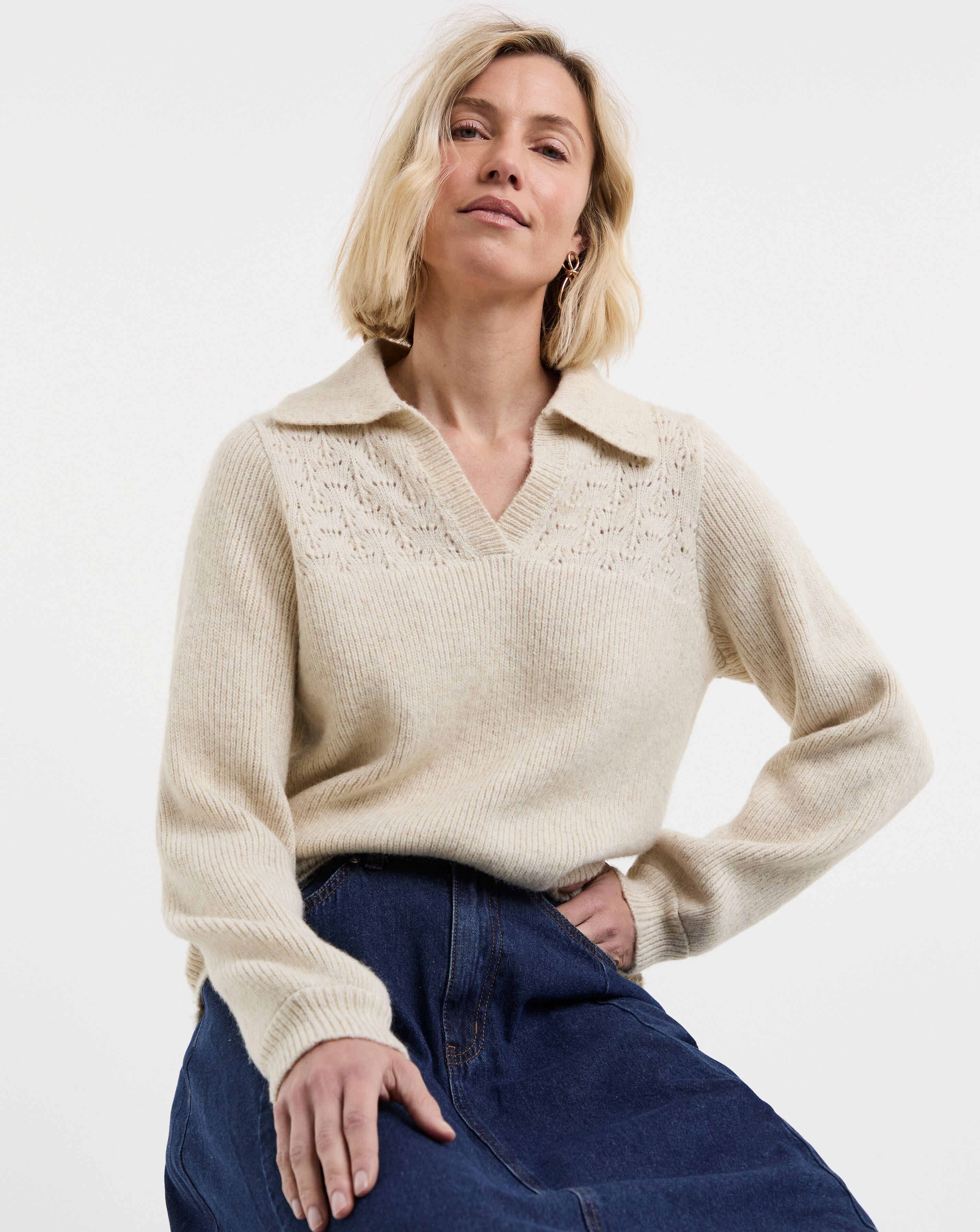 Pointelle Henley Knitted Jumper