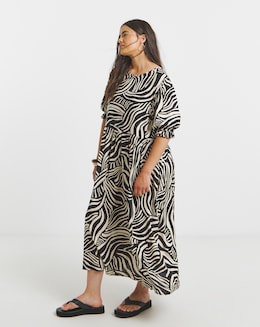 Simply Be Mono Zebra Print Spun Viscose Midi  Dress With Pockets