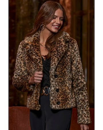 Sosandar Short Faux Fur Leopard Coat
