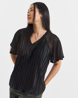Black Plisse Angel Sleeve Top