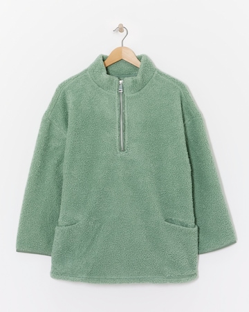 Sage Green Borg Longline Quarter Zip Jacket