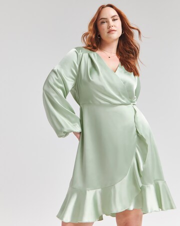 Flounce London Sage Green Heavy Satin Balloon Sleeve Mini Dress