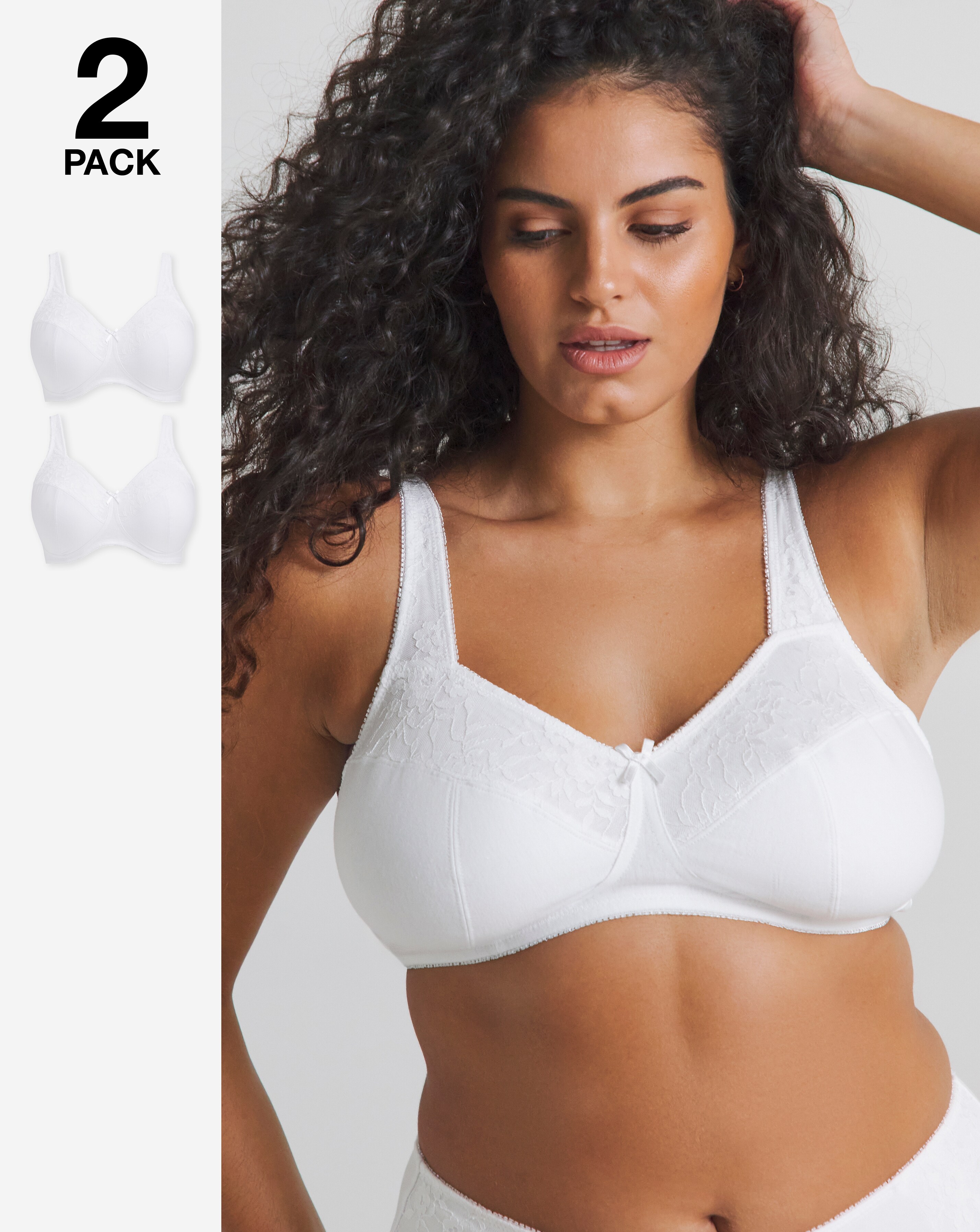 Pretty Secrets (2 Pack) New Sarah Cotton Full Cup Non Wired Bras (B-G) Wht/Wht