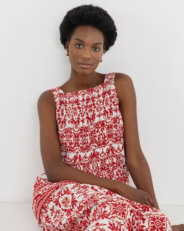 Border Print Square Neck Shirred Cami