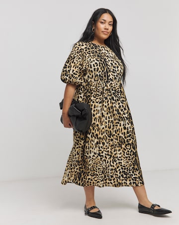 Leopard Print Bow Detail Waffle Midi Dress
