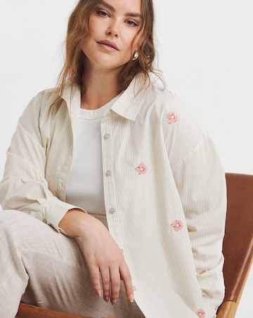 Simply Be Sage Flower Embroidered Stripe Shirt