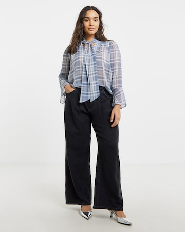 Blue Check Pussybow Blouse with Neck Tie