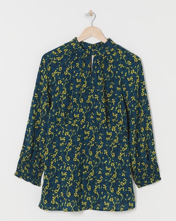 Yellow Floral High Twist Neck Long Sleeve Top