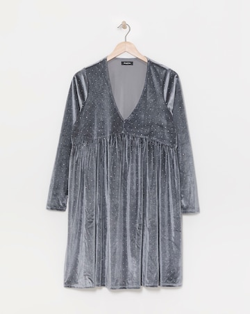 Silver Grey Velour Hotfix Smock Dress