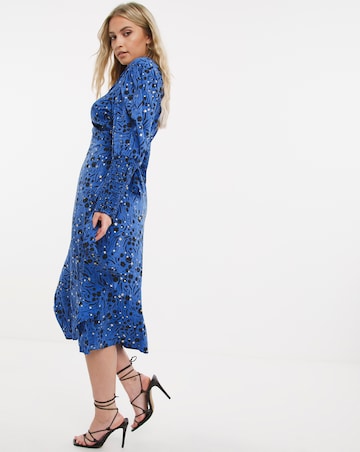 Cobalt Print Wrap Midi Dress with Shirred Cuff