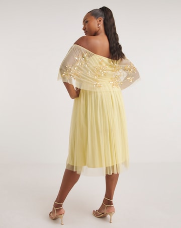 Maya Curve Bardot Floral Sequin Embroidered Tulle Midi Dress