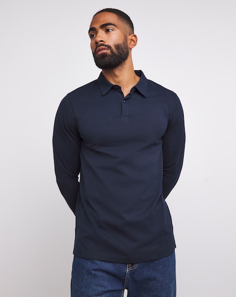 Long Sleeve Jersey Polo Long Length- Navy