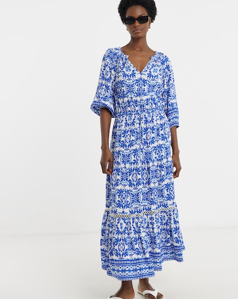 Border Print Tiered Maxi Dress